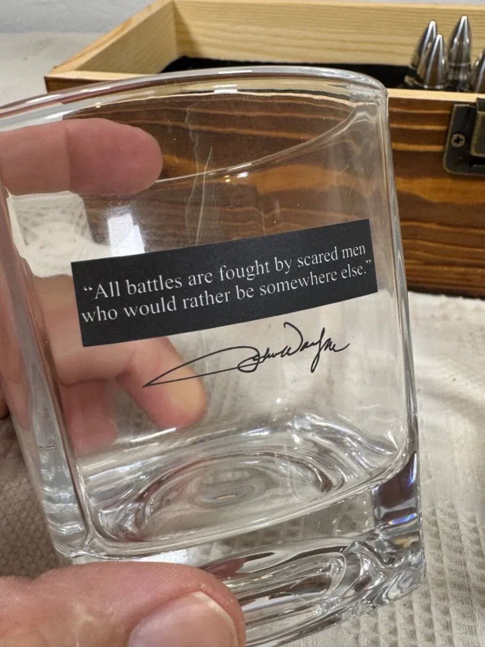 Whiskey Glass Gift Set w Bullet Shaped Chillers & John Wayne Quotes In Wood Box